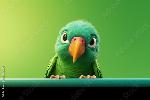 Cute green parrot on green background with copy space for text 