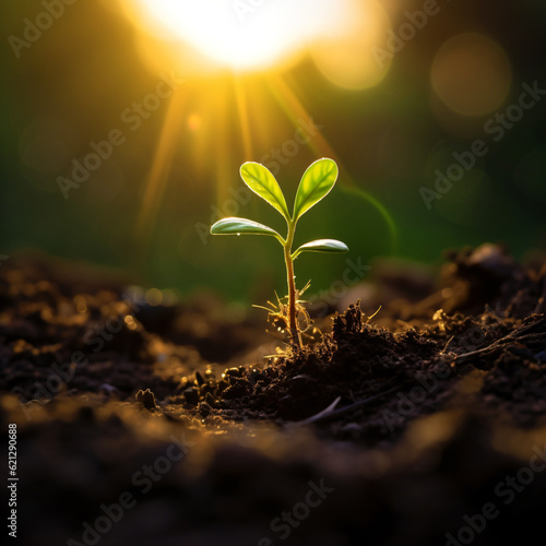 the tree of life, earth day concept, plant in the ground, small tree growing with sunrise, green world, generative ai