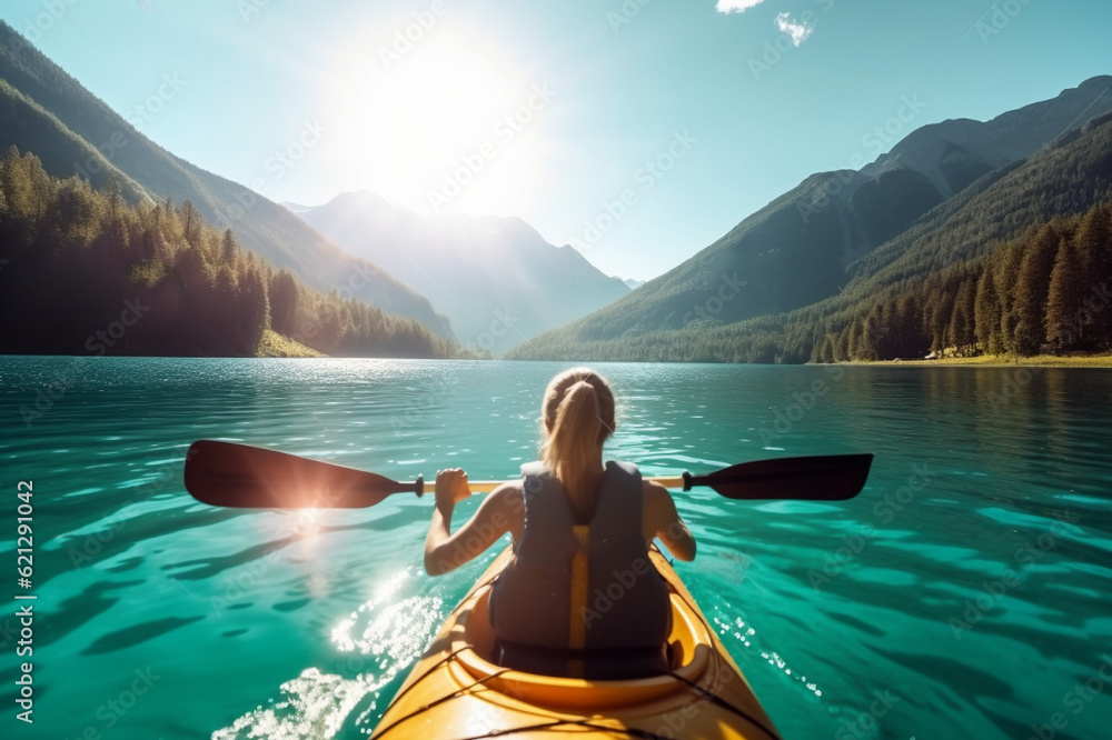 Tranquil sunset over mountains and lake, reflecting beauty of nature and transportation, young woman kayaking in crystal lake illustration for printing, wallpaper design and wall ar