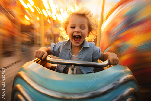 A happy excited young child riding on an exciting theme park fairground ride