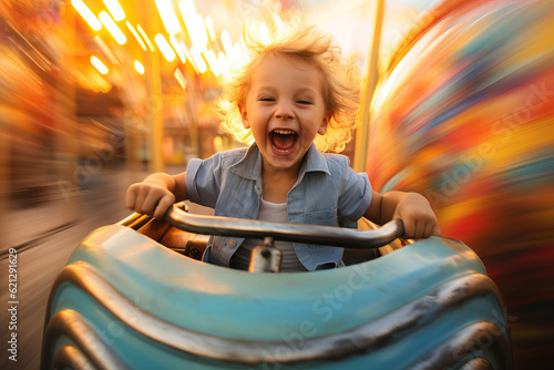 A happy excited young child riding on an exciting theme park fairground ride photo