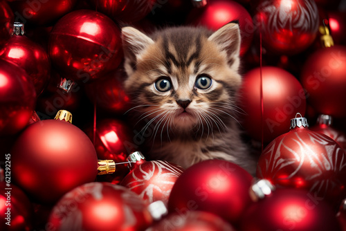 Cute kitten plays with Christmas tree balls. Generative AI