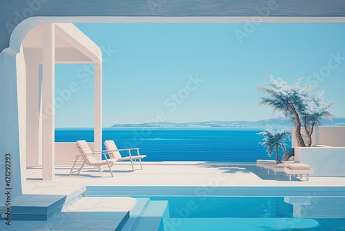 a Professional Shot of a Luxury and Modern Mansion in Greece near the Sea. Generative AI.