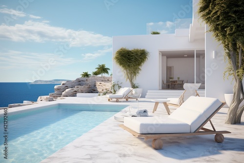 a Professional Shot of a Luxury and Modern Mansion in Greece near the Sea. Generative AI.