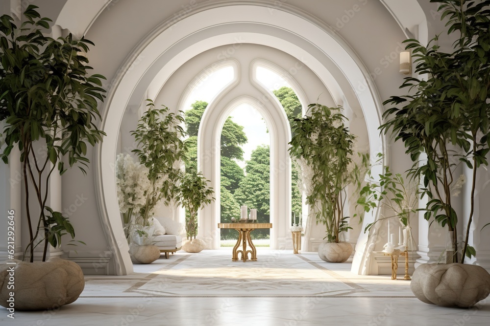 Interior Design of a Huge Mansion with the Style of a Monaster, Some Vegetation and Plants. Generative AI. Interior Design of a Huge Mansion with the Style of a Monaster, Some Vegetation and Plants. Generative AI.