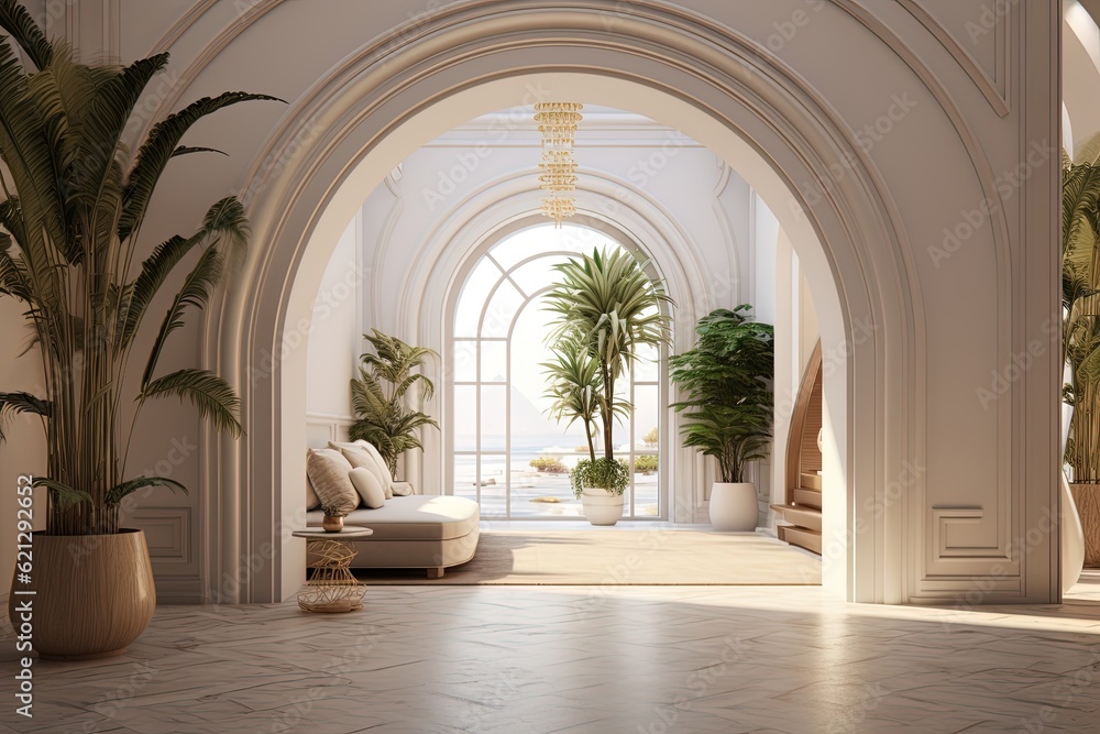 Interior Design of a Huge Mansion with the Style of a Monaster, Some Vegetation and Plants. Generative AI.