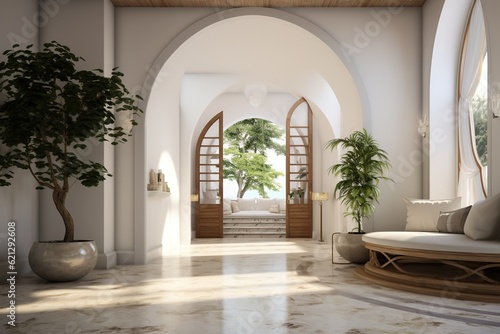 Interior Design of a Huge Mansion with the Style of a Monaster  Some Vegetation and Plants. Generative AI.