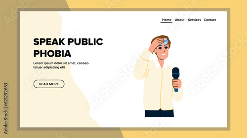 anxiety speak public phobia vector. er microphone, speech ing, stage shy anxiety speak public phobia web flat cartoon illustration