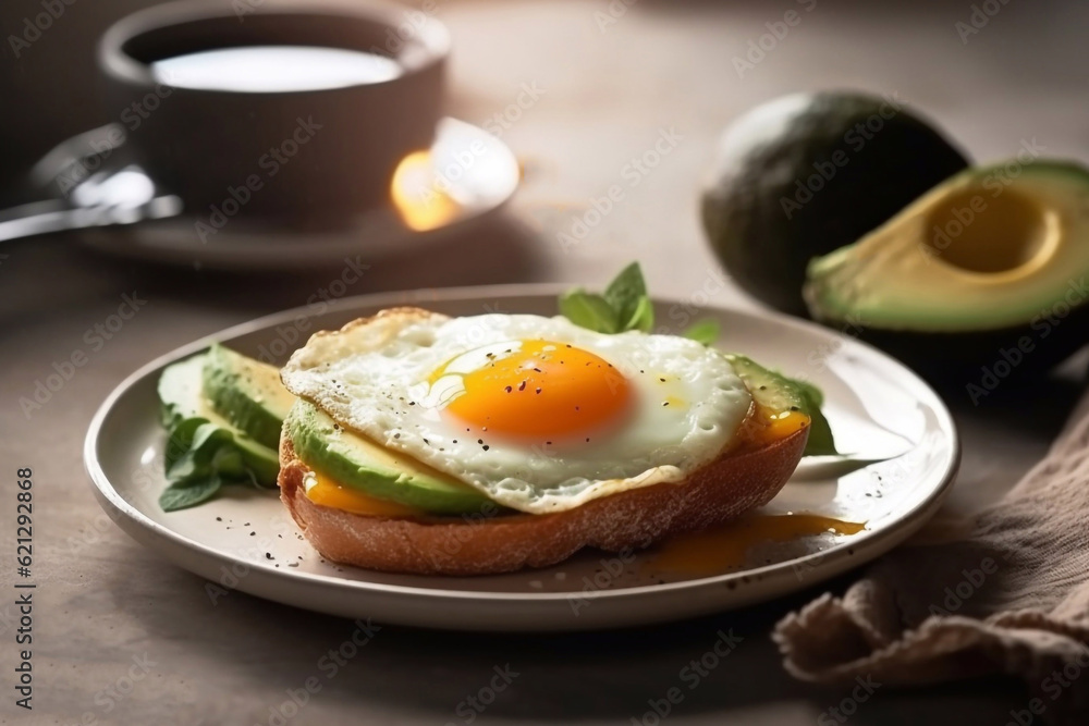 Fried egg and avocado toast. Healthy breakfast. Restaurant serving. Generative AI.