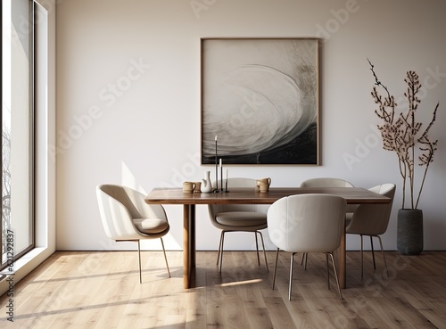 a Profesisonal Shot of some Chairs arranged Among a Wooden Table. Generative AI.