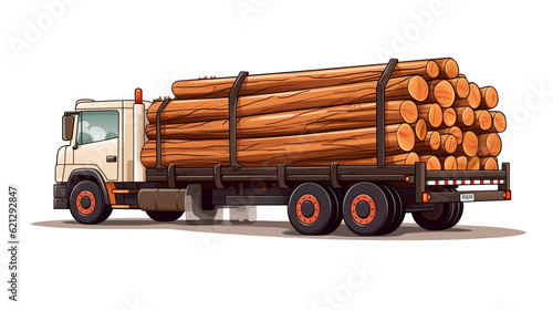 Trucks for transport of wooden logs vector illustration, Heavy loaded logging timber truck back