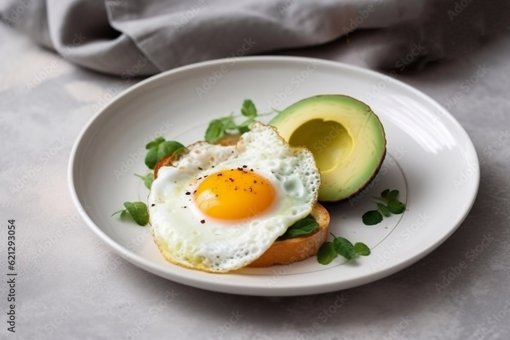 Fried egg and avocado toast. Healthy breakfast. Restaurant serving. Generative AI. Fried egg and avocado toast. Healthy breakfast. Restaurant serving. Generative AI.
