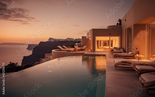 a Professional Shot of a Luxury and Modern Mansion in Greece near the Sea. Generative AI. © Boss