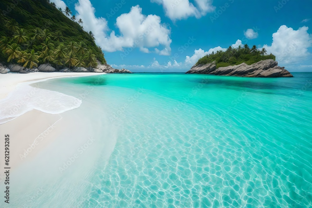 beach with water and blue sky wallpaper and background generated by AI