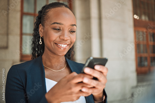 Phone, gps and a business black woman in the city, searching for directions or typing a message. Mobile, travel and commute with a young female employee looking for a location on a navigation app