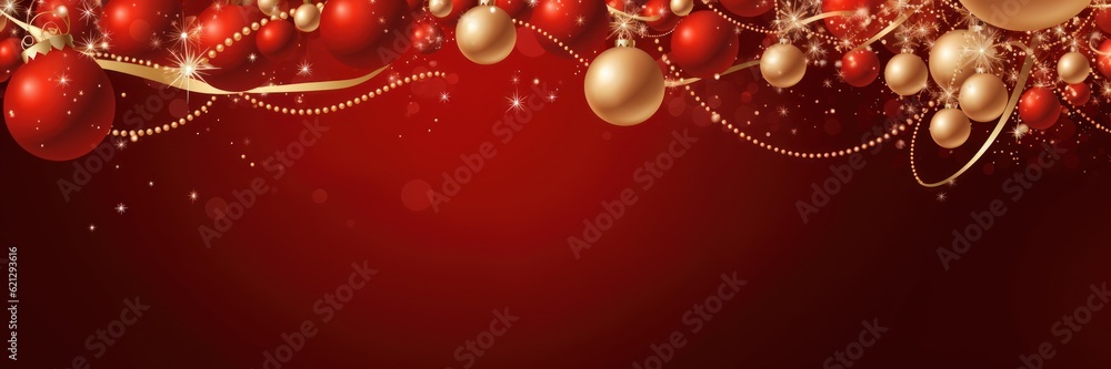 Christmas composition balls and ribbons. X-mass red decorations on a red background. Top view, banner, space for text. Generative AI illustration Christmas composition balls and ribbons. X-mass red decorations on a red background. Top view, banner, space for text. Generative AI illustration