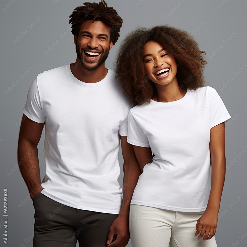 Fototapeta premium Illustration of a fashion portrait with plain t-shirt mockup, AI Generated
