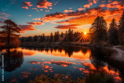 sunset over the lake wallpaper and background generated by AI © Nature Lover