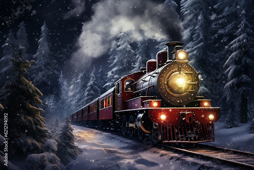 Retro train driving through a snowy christmas tree forest. Generative AI