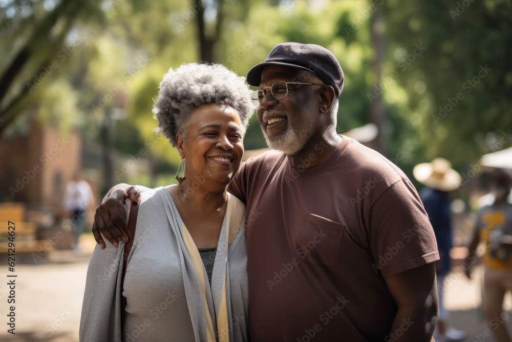 Senior african american couple walking in public park and smiling ...