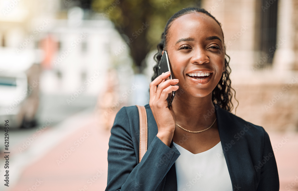 Phone call, city and business woman for communication, networking and career opportunity with outdoor travel. Sidewalk, urban and happy professional african person talking and chat on mobile voip Phone call, city and business woman for communication, networking and career opportunity with outdoor travel. Sidewalk, urban and happy professional african person talking and chat on mobile voip