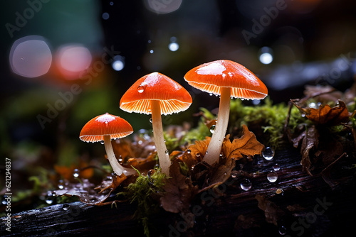 Close-up photo of a little wet mushrooms in a forest.