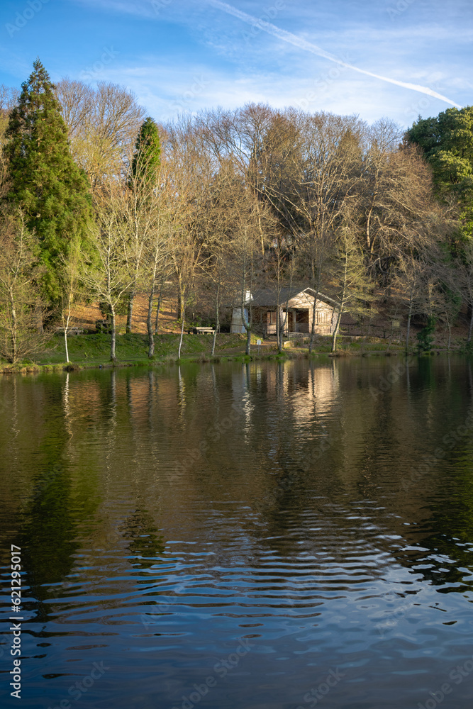 Wooden cabin on Lake Castiñeiras. Galicia - Spain