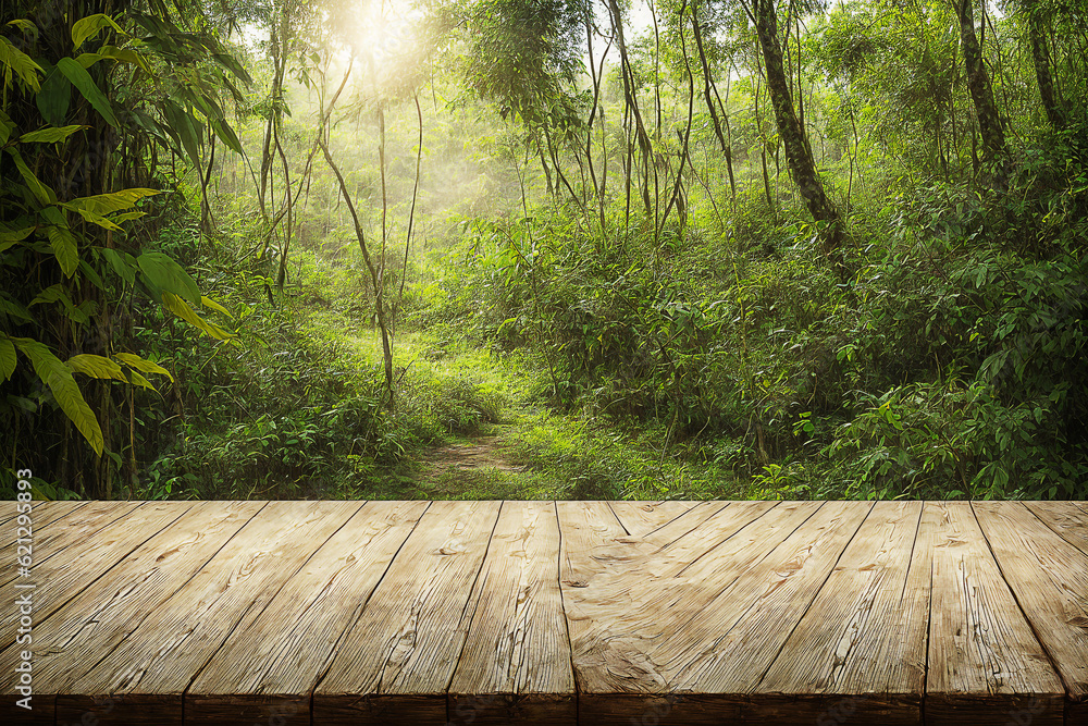 The empty rustic wooden plank table top with blur background of jungle
The empty rustic wooden plank table top with blur background of jungle