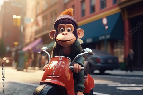 Cute monkey with big smile on colored moped on the street works as deliveryman. 3D illustration. Generative AI
