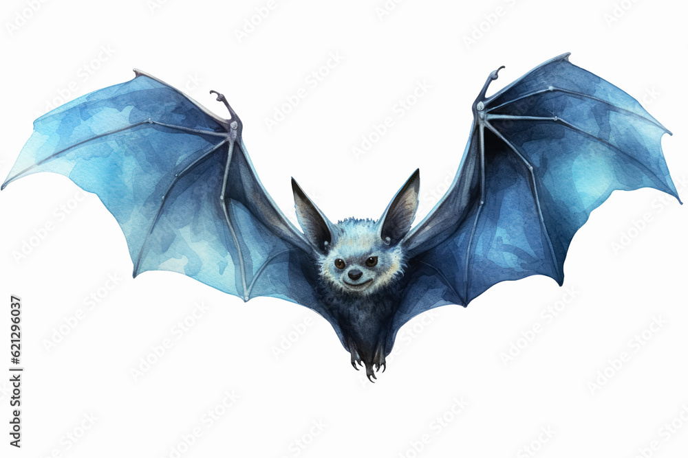 Fototapeta premium Watercolor illustration of cute black bat character, flying with wings spread, in flat contemporary style isolated on white background. Generative AI