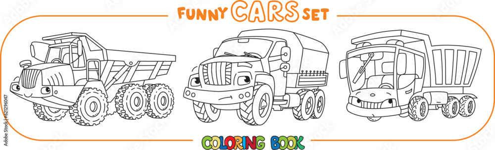 Naklejka premium Funny heavy truck cars with eyes Coloring book set
