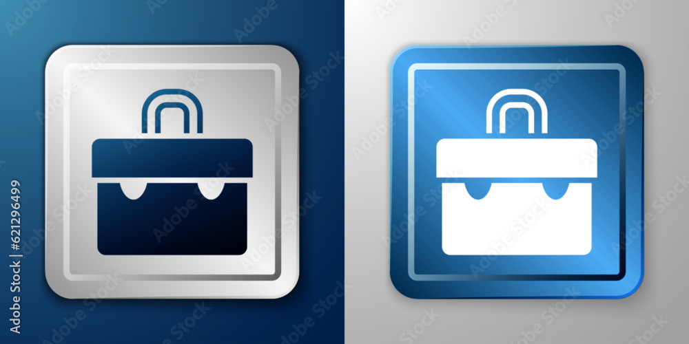 White Briefcase icon isolated on blue and grey background. Business case sign. Business portfolio. Silver and blue square button. Vector White Briefcase icon isolated on blue and grey background. Business case sign. Business portfolio. Silver and blue square button. Vector
