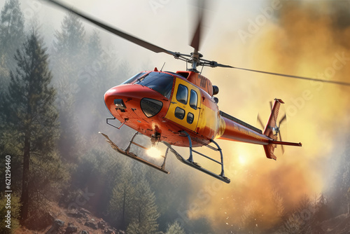 Eurocopter Firefighter helicopter drops water to extinguish a forest fire, showcasing the bravery and efforts of firefighters in combating natural disasters. Generative Ai, Ai. photo
