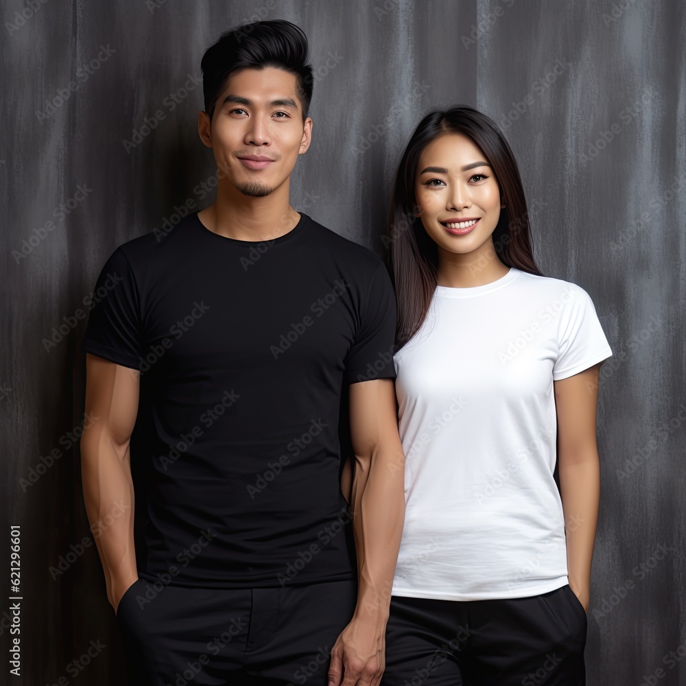 Fototapeta premium Illustration of a fashion portrait with plain t-shirt mockup, AI Generated