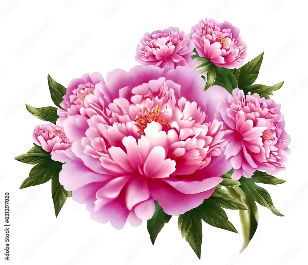 A bunch of pink peonies flowers with green leaves on a transparent background Generative AI A bunch of pink peonies flowers with green leaves on a transparent background Generative AI