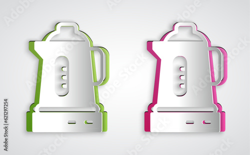 Paper cut Electric kettle icon isolated on grey background. Teapot icon. Paper art style. Vector