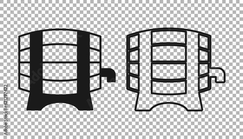 Black Wooden barrel on rack with stopcock icon isolated on transparent background. Vector