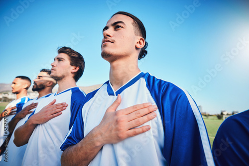 Fotografie Soccer team, national anthem and listening at stadium with mockup space before competition, game or match