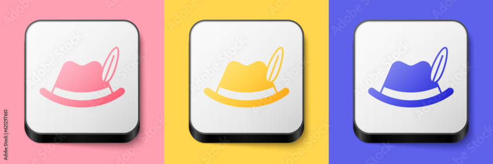 Isometric Oktoberfest hat icon isolated on pink, yellow and blue background. Hunter hat with feather. German hat. Square button. Vector Isometric Oktoberfest hat icon isolated on pink, yellow and blue background. Hunter hat with feather. German hat. Square button. Vector