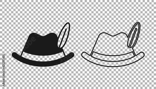 Black Oktoberfest hat icon isolated on transparent background. Hunter hat with feather. German hat. Vector