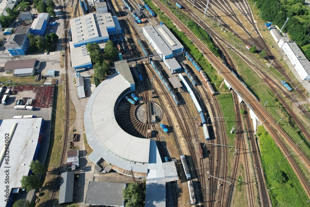 Railway turntable for locomotives aerial view train turntable,aerial panorama landscape view fo turning table for trains on the railway
