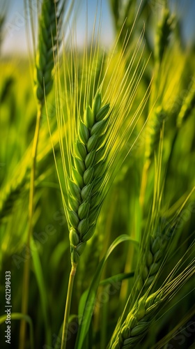 Green barley spike closeup, Green wheat, full grain, Close up of an ear of unripe wheat, AI Generative