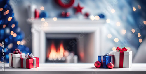 Beautiful christmas room with gifts and blurred fireplace and christmas tree with copy space in red and blue © cobaltstock