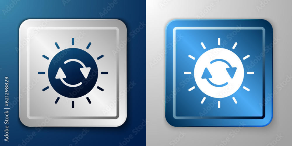 White Solar energy panel icon isolated on blue and grey background. Sun with lightning symbol. Silver and blue square button. Vector