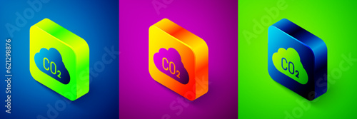 Isometric CO2 emissions in cloud icon isolated on blue, purple and green background. Carbon dioxide formula, smog pollution concept, environment concept. Square button. Vector