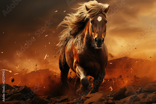 Creative tire advertisement featuring a horse image. Generative Ai.