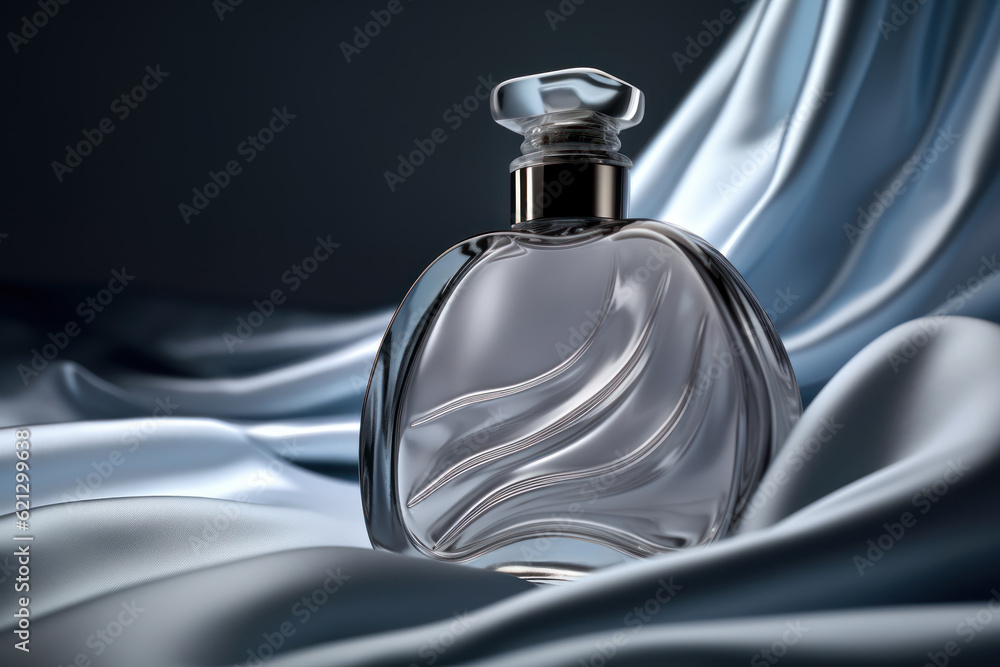 Perfume bottle on blue silk textile, sinuous lines, product placement concept, mock up. Generative AI illustration Perfume bottle on blue silk textile, sinuous lines, product placement concept, mock up. Generative AI illustration