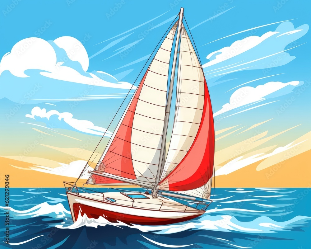 On a sunny day, a sailboat sails in the open ocean. (Illustration, Generative AI)