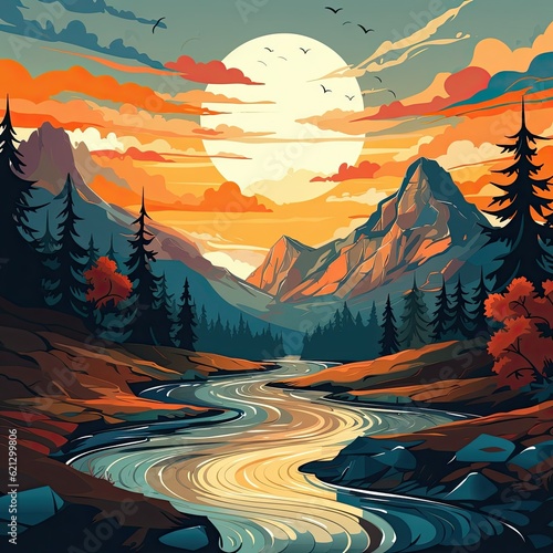 A sunset painting showcasing a river, trees, and mountains. (Illustration, Generative AI)