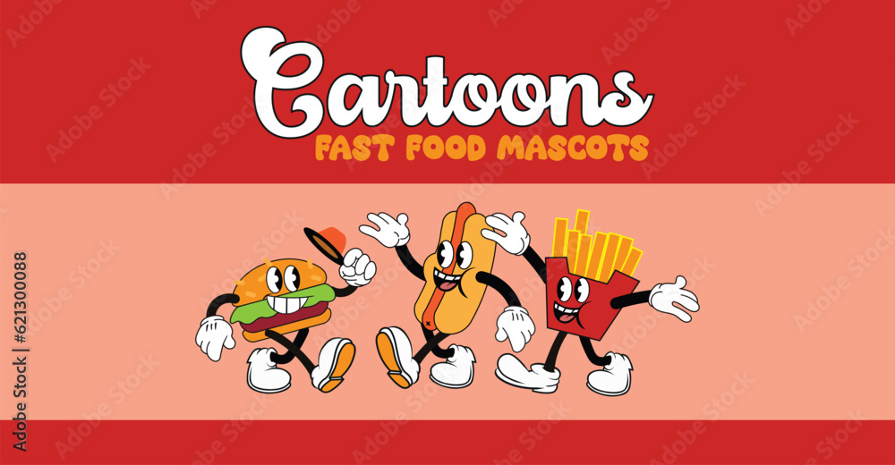 Naklejka premium vintage cartoon mascots, fast food banner, vector illustrationVector set with cartoon retro mascot set of walking street food. Vintage style 30s, 40s, 50s old animation. 